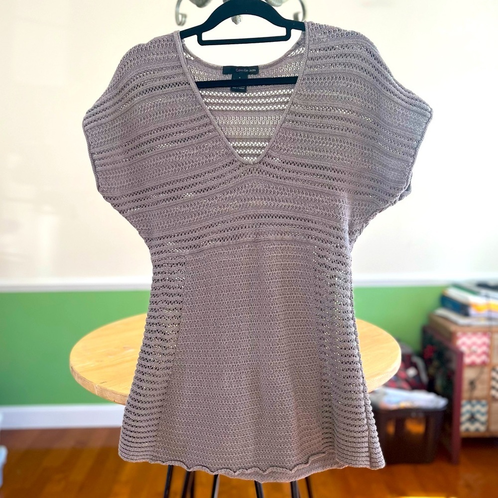 Calvin Klein Jeans Crochet Knit Dolman Sleeve Mini Sweater